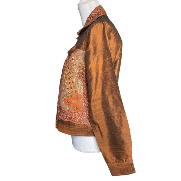 56% Silk Lace Beaded Jacket S Coldwater Creek Bronze Floral Metallic Button-up - Picture 3 of 16